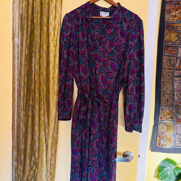 Vintage 1970s Satin Jewel-Tone Shirtwaist Dress - Picture 2 of 11